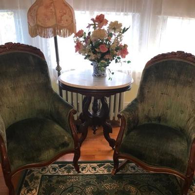 Victorian Fruit and Nut Carved Gentlemen's Chair and Ladies Rocker