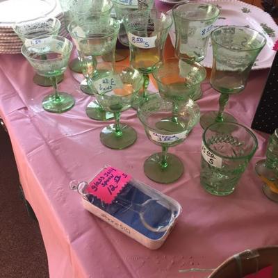 Green depression glassware. & Spode, Green Basket