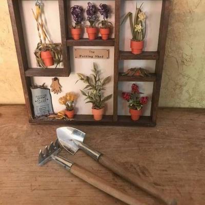 Miniature garden shadow box and garden tools
