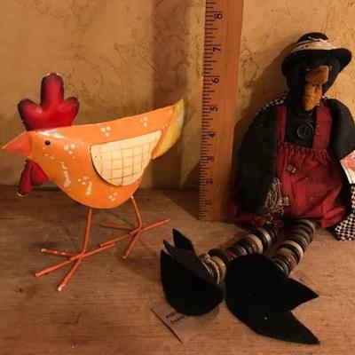 Stuffed Crow with button legs and tin chicken