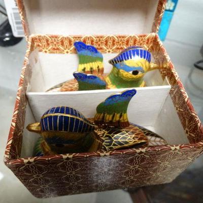 Pair of enamel on brass duck trinket boxes in box- ...
