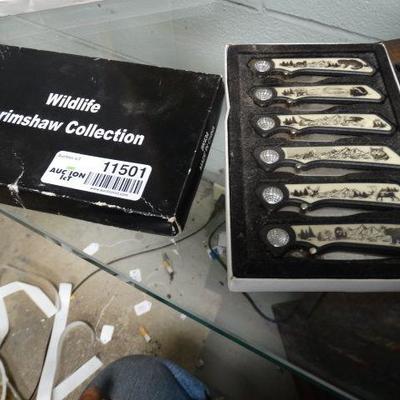 Wildlife scrimshaw collection 6 knife set in box