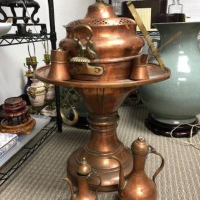 Vintage copper brazier with brass bird finial. Middle Eastern coal cooker, heater, burner and brass and copper accessories.