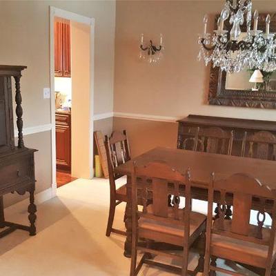 Jacobean Dining Table with Leaves, 6 Chairs, matching China Cabinet and Buffet
