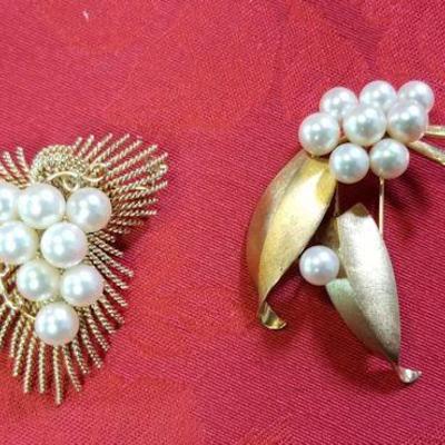 NOT067 Pair of 14k Yellow Gold & Pearl Brooches