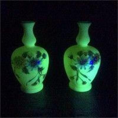 Hand Painted Vaseline Glass Bud Vases