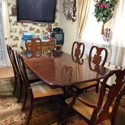 Cherry Dining Room Set with 6 Matching Cream Upholstered Chairs-all furniture available for presale-contact us if interested  