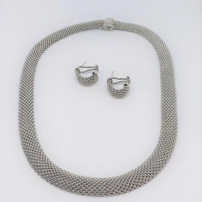 LOT 14 LADIES .925 STERLING SILVER ITALY MESH NECKLACE AND POST EARRINGS