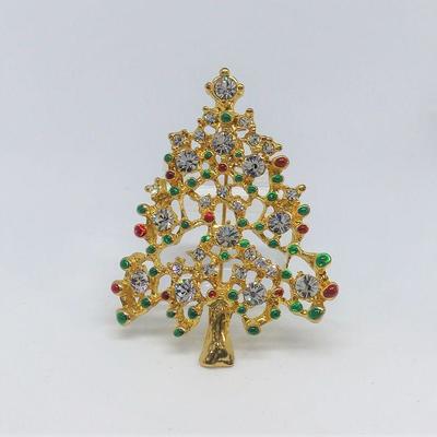 LOT 9 LADIES GOLD-TONE RED, GREEN AND CLEAR CRYSTAL CHRISTMAS TREE BROOCH PIN