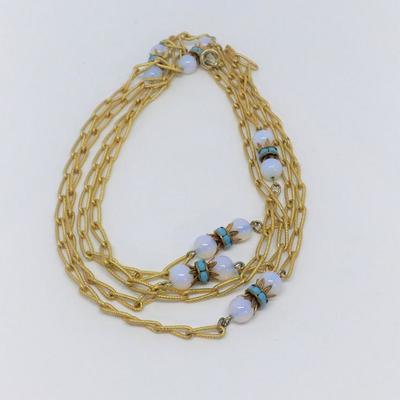 LOT 26 VINTAGE GOLD TONE NECKLACE W/MOONSTONE + TURQUOISE BEADS