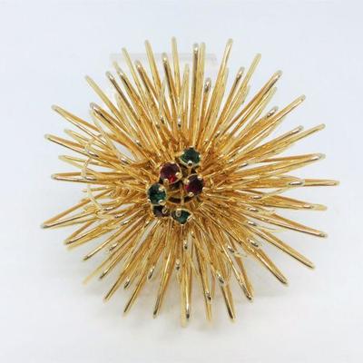 LOT 21 VINTAGE GOLD-TONE WIRE BROOCH PIN W/RED + GREEN RHINESTONE CENTER
