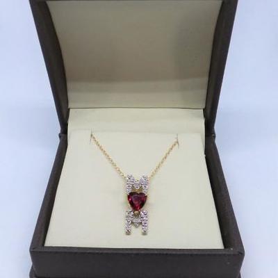 LOT 43 LADIES 10K YELLOW GOLD + DIAMOND RUBY MOM PENDANT WITH NECKLACE