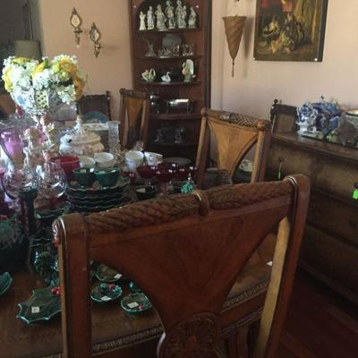 Large Dining Table with 6 Chairs, Painted Chest, Corner Bookcase 