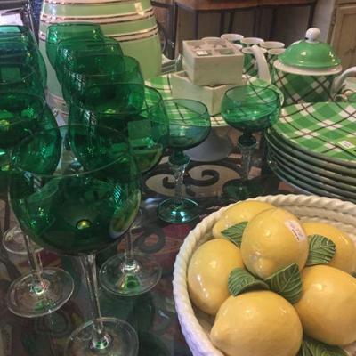 Green Wine Glasses, Green and White Dishes by Fritz and Floyd 