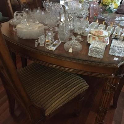 Large dining table with 6 chairs, filled with wonderful china and crystal 