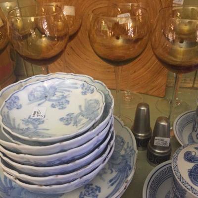Amber Wine Glasses, Blue and White Dishes 