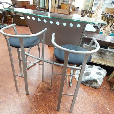 metal and glass bar with 2 stools