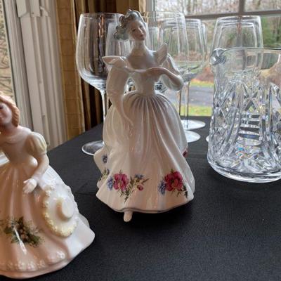 Royal Doulton Figures of the Month, Including May and August. Stemware, Waterford Pitcher 