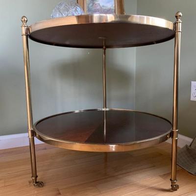 Brass End Tables, PAIR, with Tiered Mahogany Shelves 