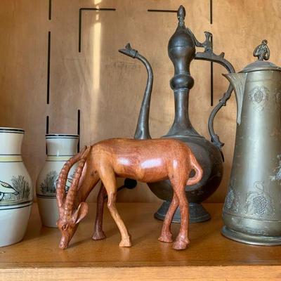 African Carved Ibex, Indian Hand Forged Kettles, Hand Painted Pottery 