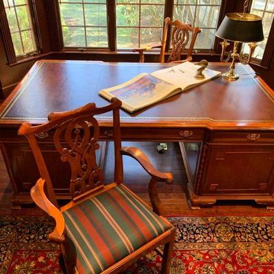 Antique Leather Top Partners Executive Desk with Carved Details
