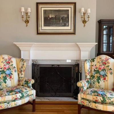 Brunschwig and Fils Classic Wingback Chairs, PAIR