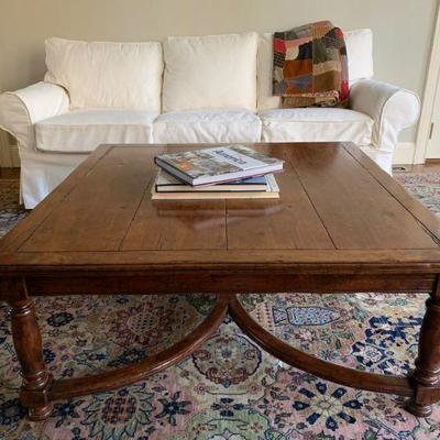 Hardwood Square Coffee Table, Classic White Slipcover Sofa