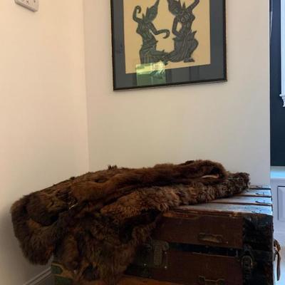 Steamer Trunk, Fur Throw, Tibetan Rubbing