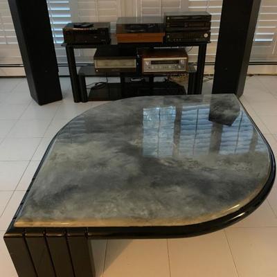 One of a Kind Marble Top Cocktail Table with Black Lacquer Base
