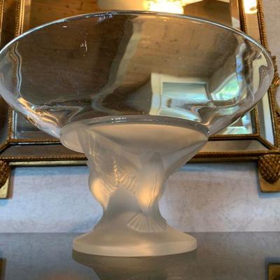Lalique Style Crystal Bowl with Frosted Bird Base