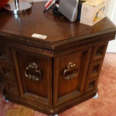 Wooden end table, contents ontop not included.