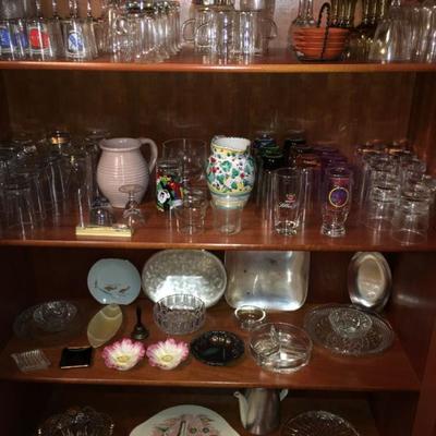 Beer glasses, wine glasses, bar glasses, shot glasses, ice bucket and shaker, plates and serving dishes