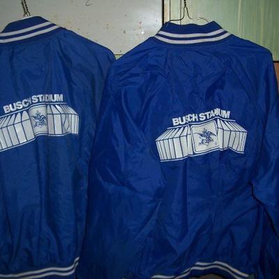 Satin jackets with screen printed Busch Stadium logo 