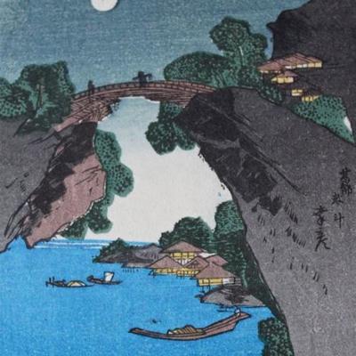 miniature, vintage Japanese wood block print
