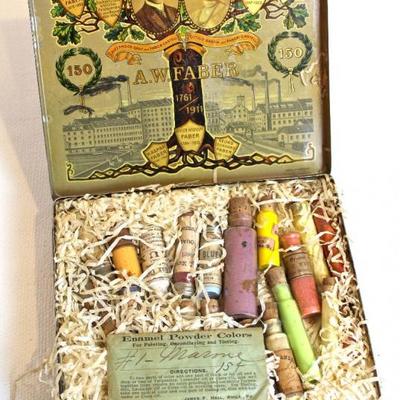 antique Faber enamel color powders in original tin