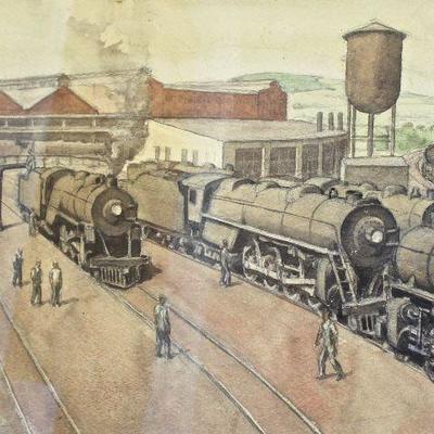 pencil and watercolor scene of railroad yard 