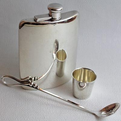 sterling Tiffany & Co. flask, sterling jigger, sterling Danish modern slotted spoon