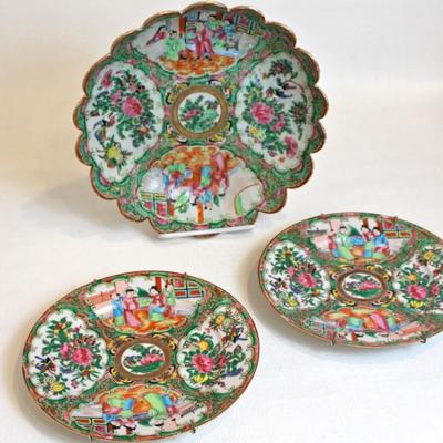 famille rose bowl with scalloped edge and 2 of set of 6 plates