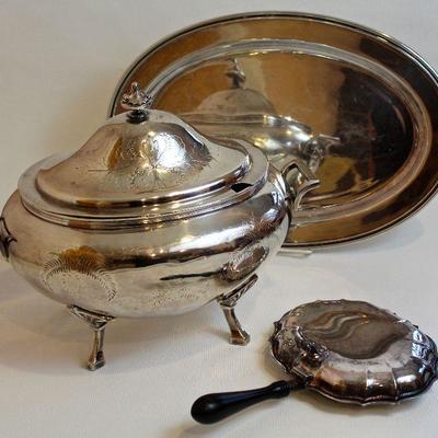 antique silver plate tureen, crumb butler, and tray