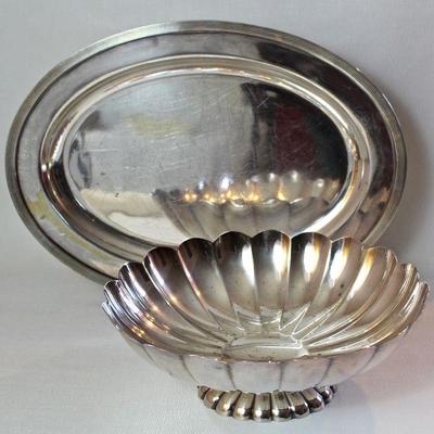 collection of antique and vintage silver plate trays, bowls, champagne bucket, serving pieces, and more