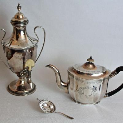 sterling George III coffee urn & teapot, made in London, sterling tea strainer