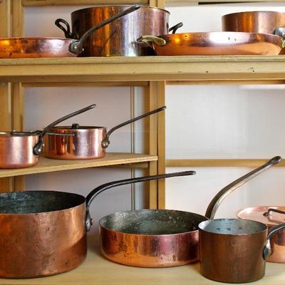collection of professional copper cookware from Hammersmith (now Brooklyn Copper), Brooklyn, NY; V. Olad & Son, Philadelphia; Reading...