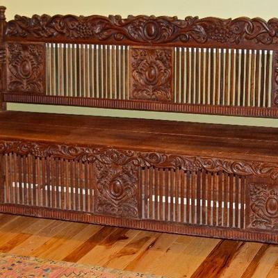 Spanish Colonial style 7' ornately carved wood bench, wooden dowel construction