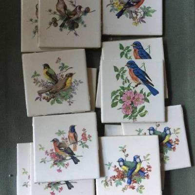 14 ceramic tiles with birds