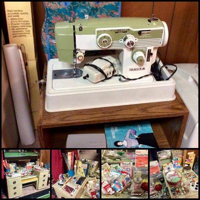 Vintage White Sewing Machine, Sewing Items