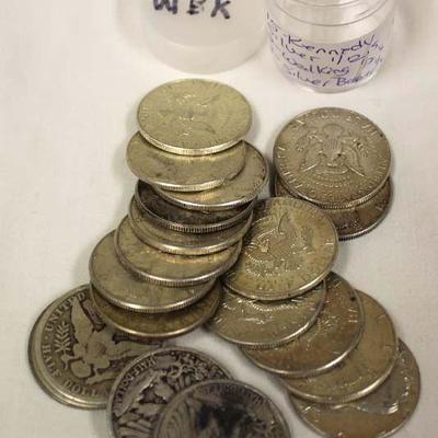  (1)Tube of 15 Silver Kennedy Half Dollars, 2 Silver Walking Liberty Half Dollars and 3 Silver Barber Half Dollars

Located Inside â€“...
