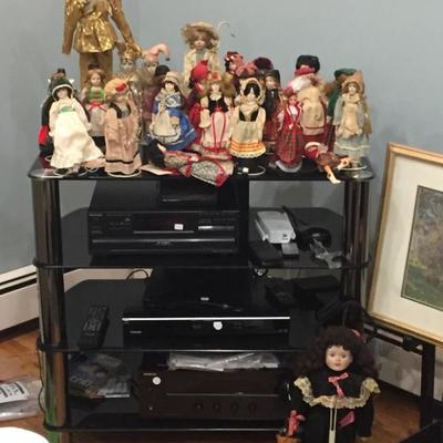 Onkyo network receiver, Toshiba DVD recorder player, 5 CD player, 4 tier TV stand & New England Collector Children of the World Porcelain...