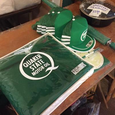 Quaker State Oil Collectibles - blanket, hats, umbrella, bar glasses