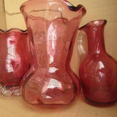 Cranberry glass 2 pitchers and 1 vase No chips o ...