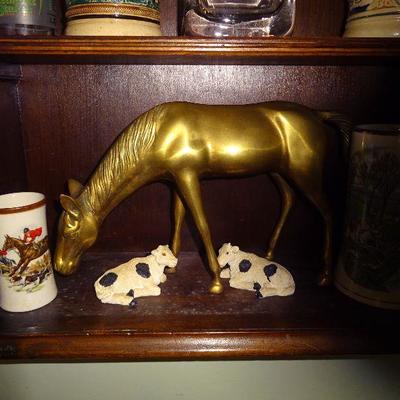 Brass Horse, porcelain cows, stirrup cup 